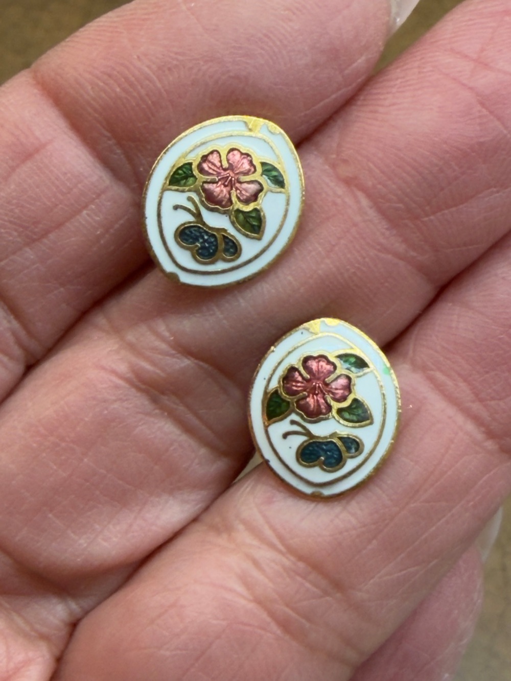 Delicate White Enamel Floral Stud Earrings with Pink Flower